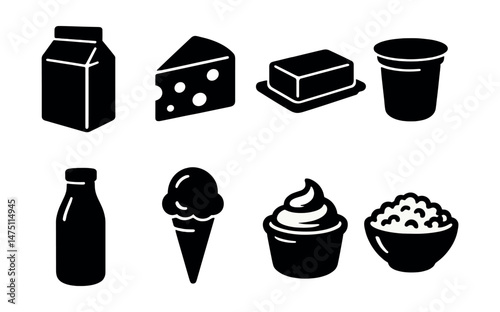 Dairy icons set – silhouette, milk and cheese simple design symbols for food apps