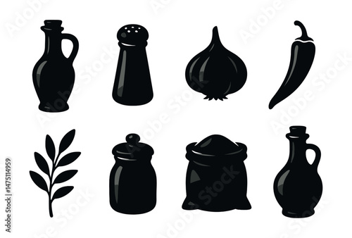 Cooking ingredients icons set – silhouette, kitchen essentials and food symbols