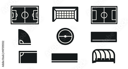 Football field icons set – silhouette style, soccer and sports visualization symbols