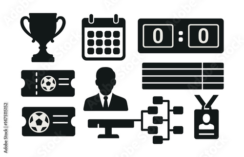 Football league icons set – silhouette, sports competition and tournament symbols