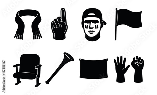 Football fan gear icons set – silhouette, sports items and supporter accessories