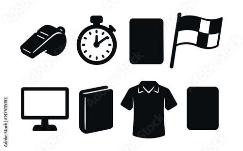Referee tools icons set - silhouette, officiating and sports gear symbols