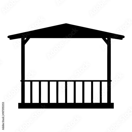 Gazebo Silhouette with a Hip Roof and Wooden Railing on White Background