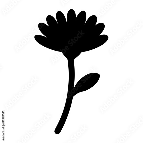 A simple black silhouette of a flower with stem and leaf