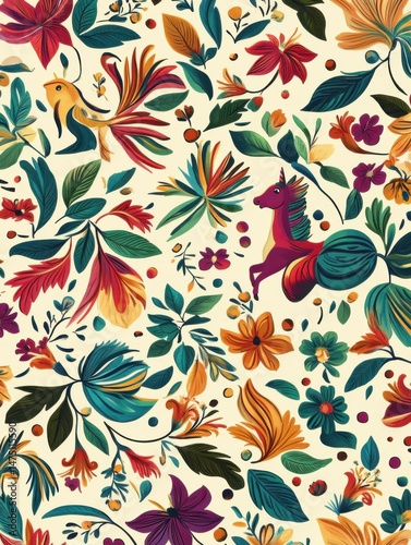Whimsical floral pattern illustration featuring unicorn bird flowers leaves in colorful folk art style design