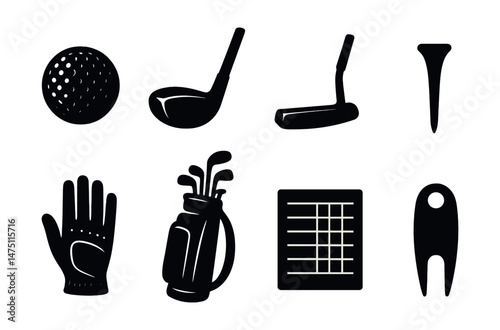 Golf equipment silhouette icons set – simple, sports gear and golfing tools symbols