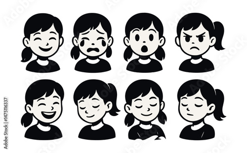 Girl's emotions icons set – silhouette, mood and expression symbols