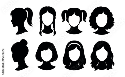 Girls' hairstyle silhouette icons set – elegant, feminine and hairdo symbols