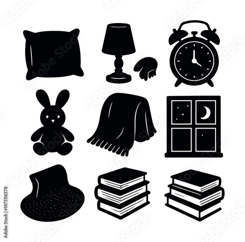 Bedroom silhouette icons set – cozy, home decor, and nighttime essentials