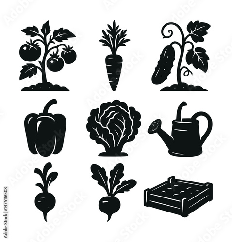Vegetable garden silhouette icons set – simple gardening and plant symbols
