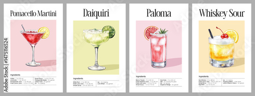 Set of four watercolor cocktail recipe illustrations: Pomacello Martini with lemon slice, Daiquiri with lime garnish, Paloma with grapefruit wedge and rosemary, Whiskey Sour with cherry