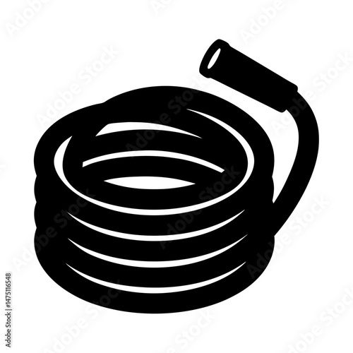 Black and White Image of a Coiled Garden Hose with Nozzle