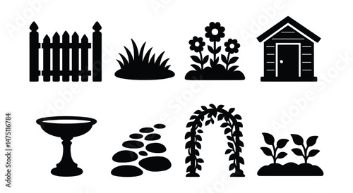 Garden essentials silhouette icons set – simple, gardening and backyard design symbols