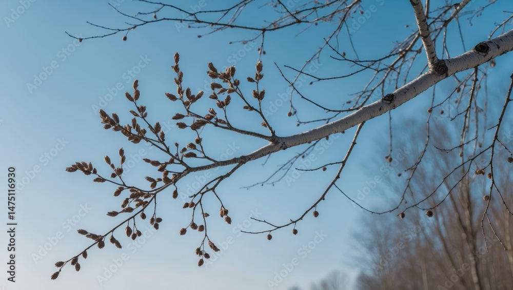 Obraz premium Detailed view of dry seeds on a birch tree branch amidst blooming surroundings