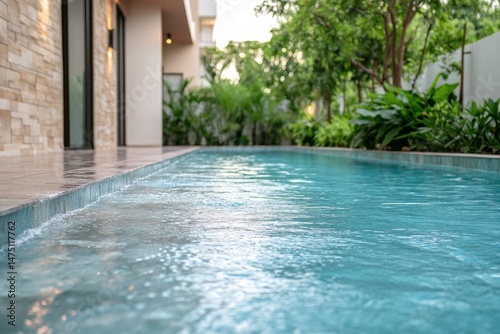 Tranquil swimming pool surrounded by lush greenery in a modern residential area during late afternoon light