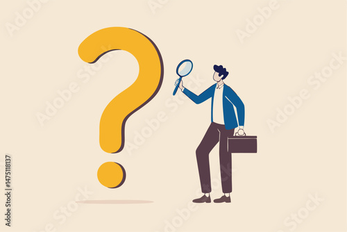 Problem and root cause analysis, research and leadership skill to find solution or answer for business problem concept, smart businessman analyst using magnifying glass to analyze question mark sign.