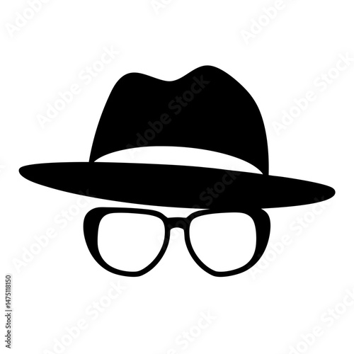 Black silhouette of a fedora hat with glasses on a white background