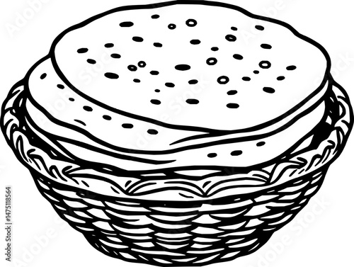 Flatbreads Stacked in Woven Basket Line Art Illustration