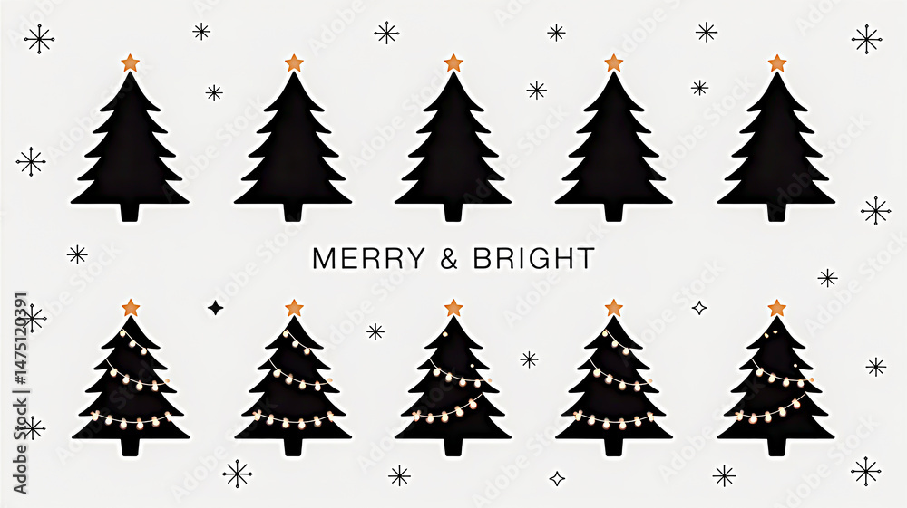 Fototapeta premium Enchanting Black and White Christmas Tree Silhouettes with Sparkling Festive Lights