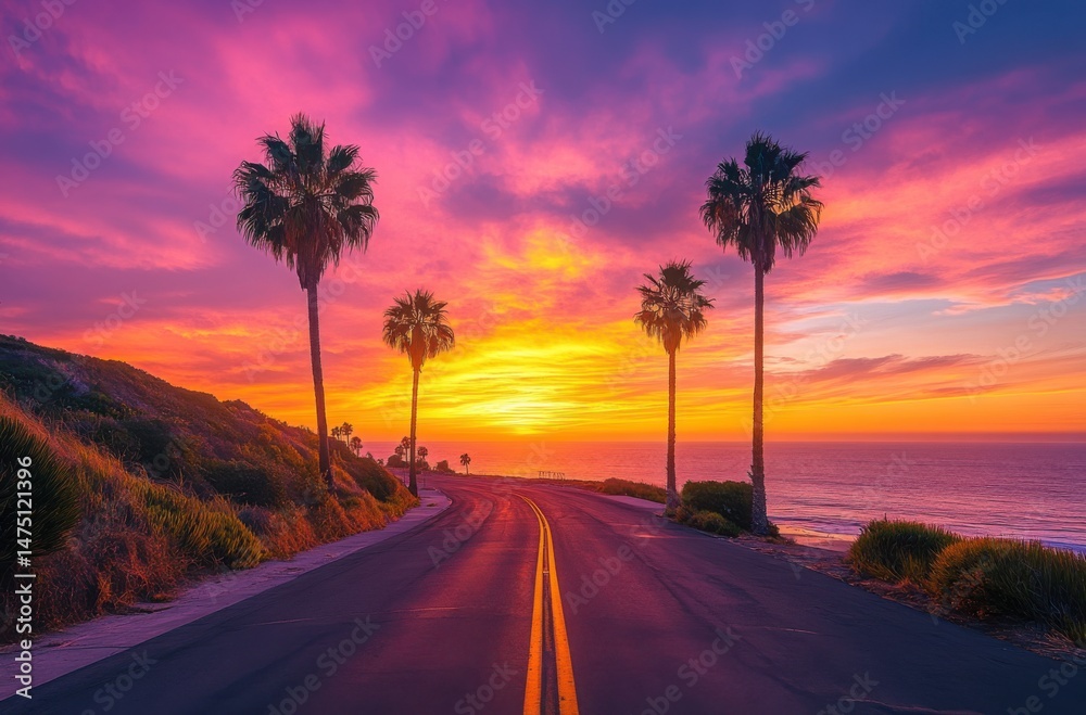 Fototapeta premium Romantic coastal road with palm trees and vibrant sunset sky