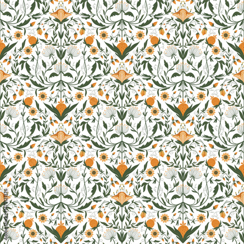 Seamless pattern with fawn flowers. Delicate flowers intertwine to create an enchanting seamless pattern filled with life.