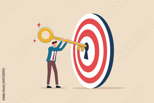 Key to success and achieve business target, KPI, career achievement or secret for success in work concept, businessman putting golden key into bullseye target key hold to unlock business success.