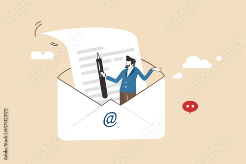 Writing email like professional, email communication for best business negotiation, storytelling or apply for new job concept, smart businessman in opening email envelope holding fountain pen.