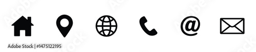 Collection of Essential Contact Icons Home, Location, Globe, Phone, Email, and At Symbol