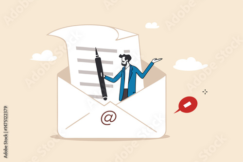 Writing email like professional, email communication for best business negotiation, storytelling or apply for new job concept, smart businessman in opening email envelope holding fountain pen.
