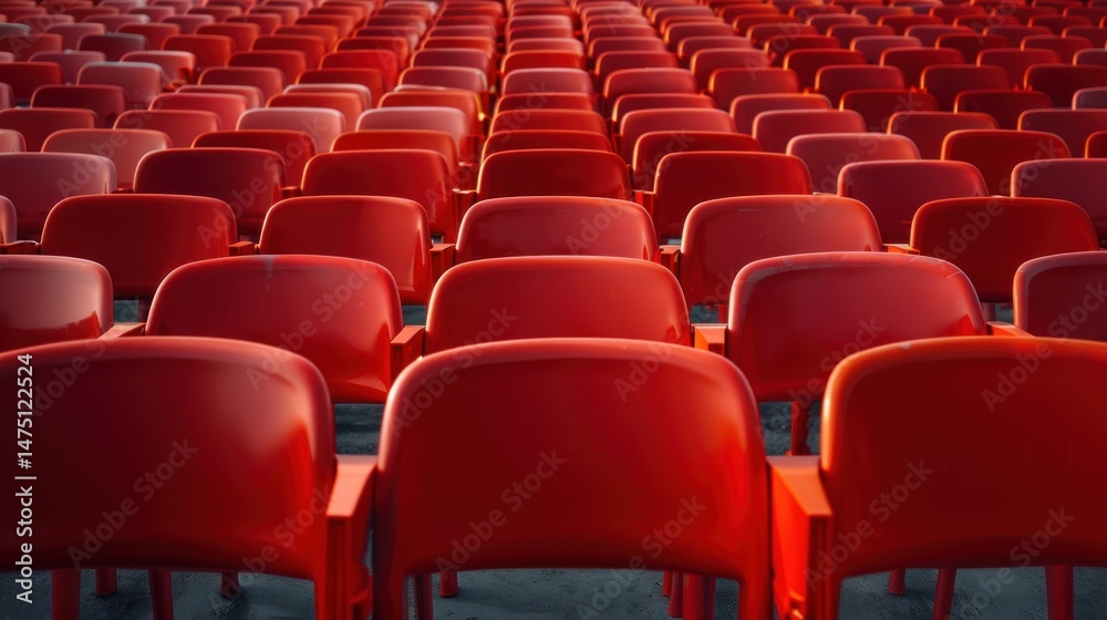Fototapeta premium Empty rows arranged red seats of outdoor tribune sport building stadium.