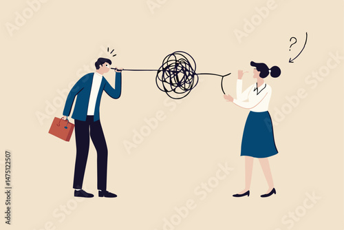 Bad communication, misunderstanding create confusion in work, miscommunicate unclear message and information concept, businessman talking through messy chaos, tangled phone line make other confused.