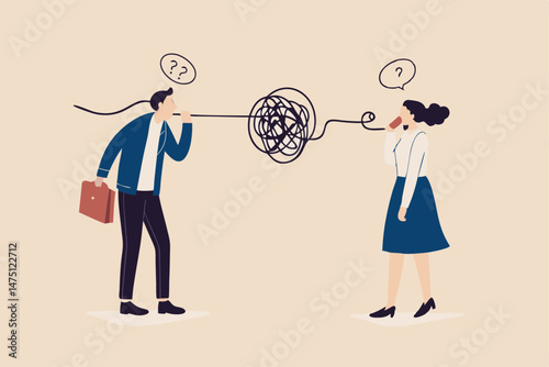Bad communication, misunderstanding create confusion in work, miscommunicate unclear message and information concept, businessman talking through messy chaos, tangled phone line make other confused.