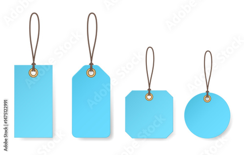 Set of light blue price tags. Luggage tag. Cardboard label for clothes.	