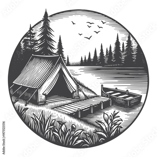 Vintage Hand-Drawn Camp Tent Near Lake with Boat Dock Illustration – Rustic Landscape Engraved Style Vector for T-Shirts, Posters, Stickers, and Outdoor Themes Apparel