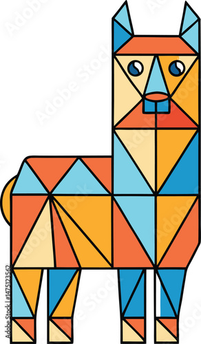 A vibrant, geometric illustration of a llama, composed of various colorful triangles.
