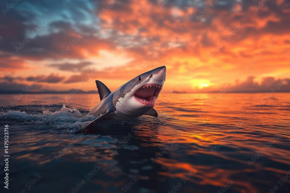 Fototapeta premium Shark breaching the water at sunset with vibrant colors reflecting on the ocean surface