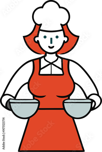 A cheerful cartoon depiction of a female chef wearing a chef's hat and a red apron, holding two bowls.