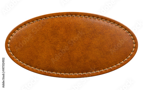 Brown Oval Leather Patch with Seam Details and Smooth Texture in 3D render with transparent background