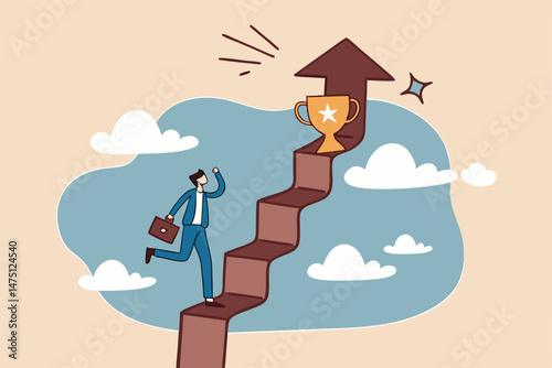 Business success, goal and achievement concept, businessman walking up staircase with rising arrow into high sky to find winning trophy at the final top section.