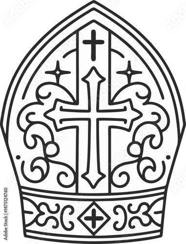 Minimalist Pope Mitre Vector Illustration – Black and White Line Art of Catholic Bishop Hat with Ornamental Cross for Religious Design