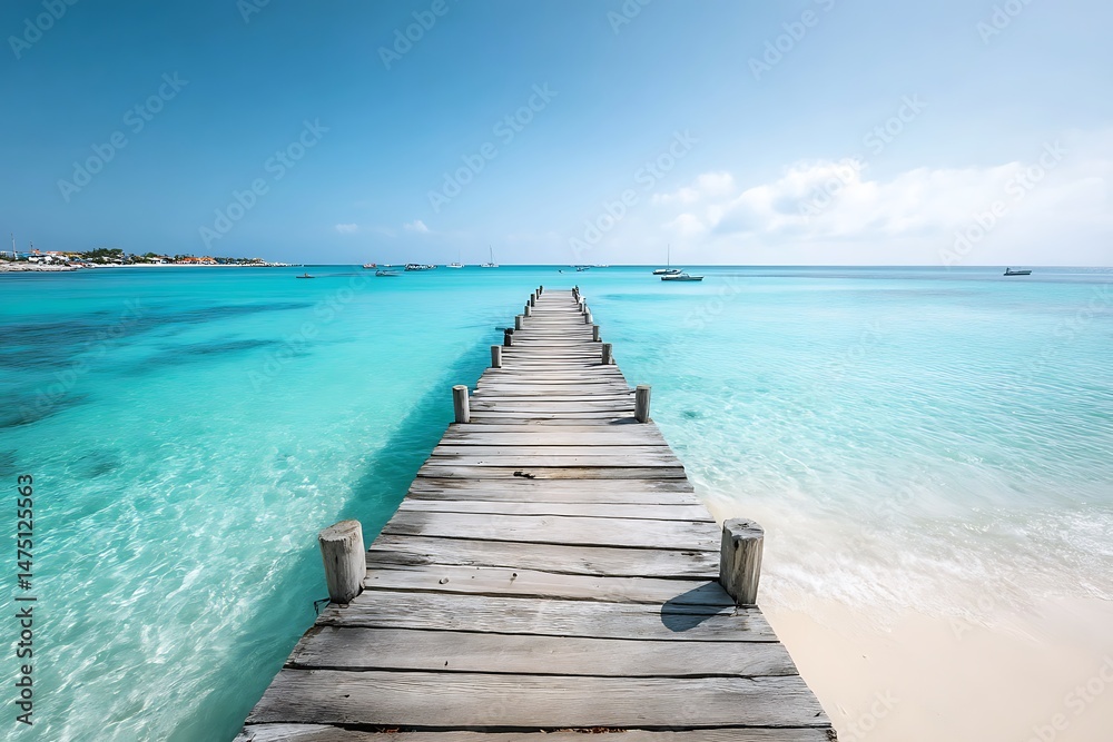 Fototapeta premium Serene Wooden Dock Extending into Turquoise Ocean Waters on a Sunny Day: Idyllic Beach Vacation Scene