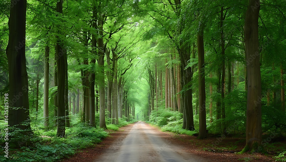 Fototapeta premium Serene Forest Path Winding Through Lush Green Trees Sunlight Dappled Canopy