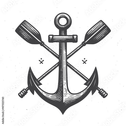 Vintage Hand-Drawn Anchor with Crossed Oars Illustration – Nautical Symbol Engraved Style Vector for T-Shirts, Posters, Stickers, and Marine Themes Apparel