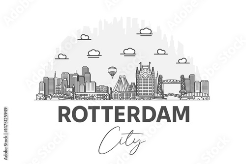 Rotterdam, Netherlands architecture line skyline illustration with shadows. Linear vector cityscape with famous landmarks, city sights, design icons.