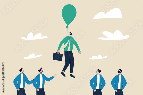 Innovation or stand out skill to different from others, success leader with winning strategy concept, smart businessman flying with balloon suit over other competitor or recruiting candidates.