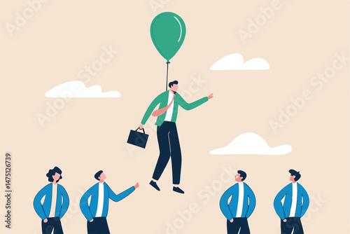 Innovation or stand out skill to different from others, success leader with winning strategy concept, smart businessman flying with balloon suit over other competitor or recruiting candidates.