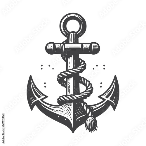 Vintage Hand-Drawn Anchor with Rope Illustration – Nautical Symbol Engraved Style Vector for T-Shirts, Posters, Stickers, and Marine Themes Apparel