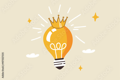 Great and brilliant idea, creative genius or winner idea for business development concept, glowing shiny lightbulb idea lamp wearing golden crown.
