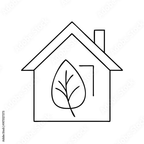Vector outline illustration of an eco-friendly house with a leaf for sustainable living and green building concepts