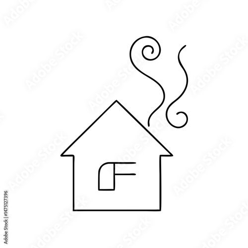 Vector outline illustration of a cozy house emitting smoke for home cooking, culinary projects, and home design